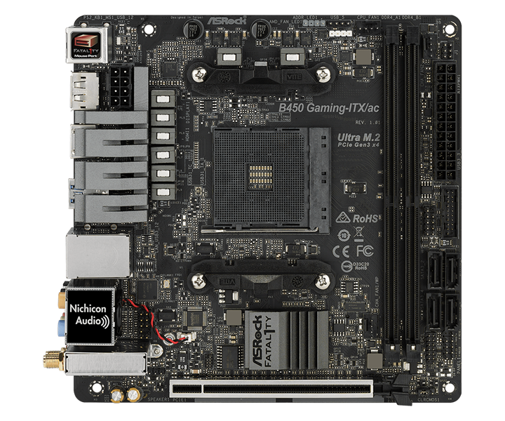 ASROCK B450 GAMING-ITX/AC, AM4, B450, 2*DDR4, 4*SATA, 1*M.2, 3*USB 3.1, 2*USB 2.0, Type-C, 3*PCIx16, 1*M.2 (Key E), HDMI+DP, mITX