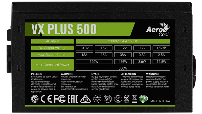 Aerocool 500W Retail VX PLUS 500 ATX v2.3 Haswell, fan 12cm, 500mm cable, power cord, 20+4P, 4+4P, PCIe 6+2P x1, PATA x3, SATA x3, FDD