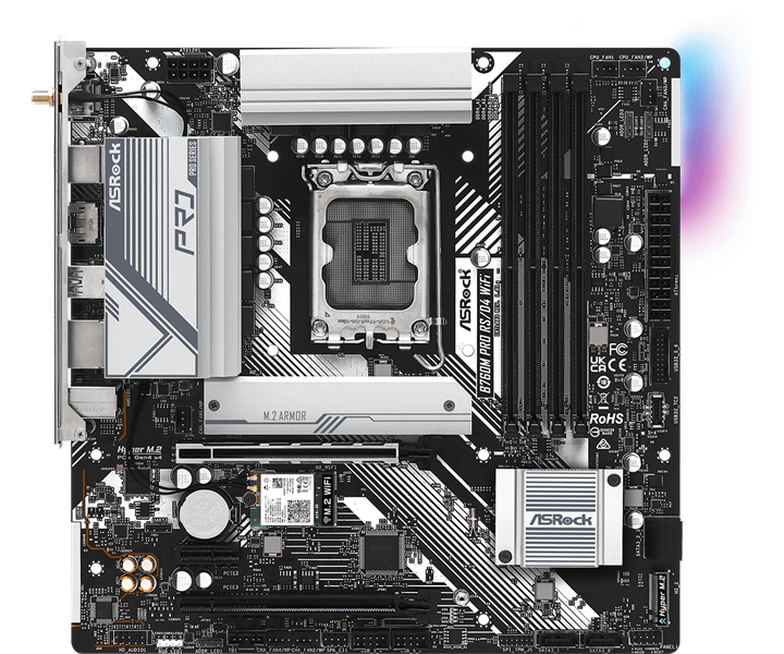 ASROCK B760M PRO RS/D4 WIFI, LGA1700, B760, 4*DDR4, 4*SATA, 2*M.2, 3*USB 3.2, 2*USB 2.0, Type-C, 2*PCIx16, 1*PCIx1, 1*M.2 (Key E), HDMI+DP, mATX