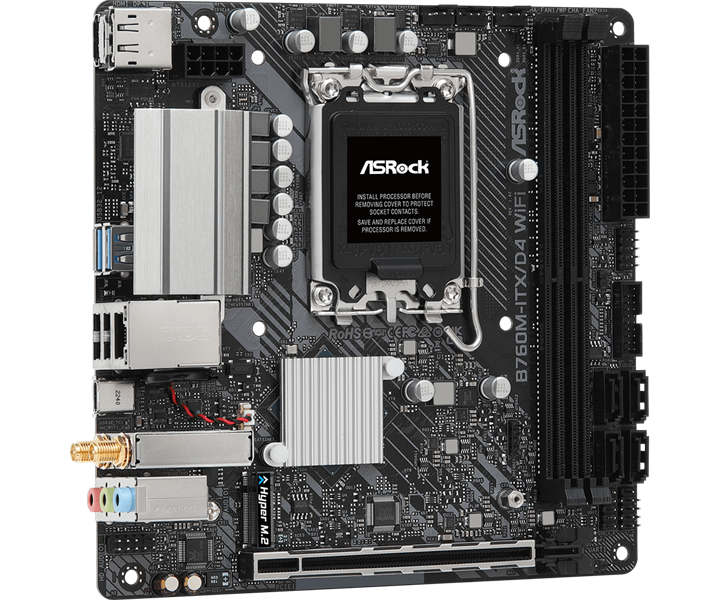 ASROCK B760M-ITX/D4 WIFI, LGA1700, B760, 2*DDR4, 4*SATA, 1*M.2, 2*USB 3.2, 2*USB 2.0, Type-C, 1*PCIx16, 1*M.2 (Key E), HDMI+DP, mITX
