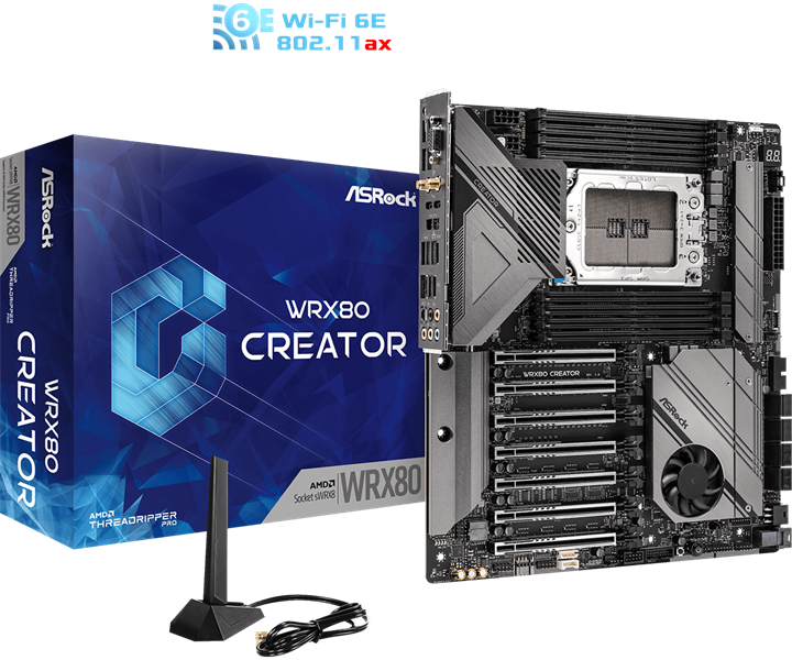 ASROCK WRX80 CREATOR R2.0, AMD WRX80, 8*DDR4, 8*SATA, 2*M.2, 6*USB 3.2, 2*Type-C, 7*PCIx16, D-Sub, 1*M.2 (Key E), EATX