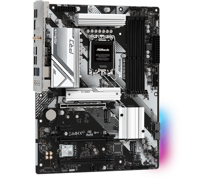 ASROCK B760 PRO RS/D4 WIFI, LGA1700, B760, 4*DDR4, 4*SATA, 3*M.2, 5*USB 3.2, 2*USB 2.0, Type-C, 3*PCIx16, 1*PCIx1, 1*M.2 (Key E), HDMI+DP, ATX