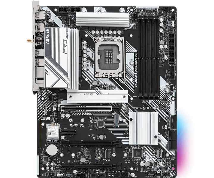 ASROCK B760 PRO RS WIFI, LGA1700, B760, 4*DDR5, 4*SATA, 3*M.2, 5*USB 3.2, 2*USB 2.0, Type-C, 3*PCIx16, 1*PCIx1, 1*M.2 (Key E), HDMI+DP, ATX