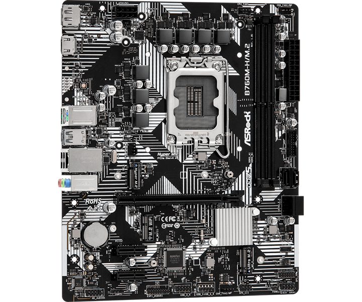 ASROCK B760M-H/M.2, LGA1700, B760, 2*DDR5, 4*SATA, 2*M.2, 3*USB 3.2, 2*USB 2.0, Type-C, 1*PCIx16, 2*PCIx1, 1xM.2 (Key E), HDMI+DP,mATX