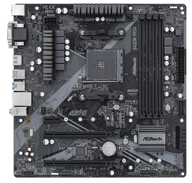 ASROCK B450M PRO4 R2.0, AM4, B450, 4*DDR4, 4*SATA, 2*M.2, 5*USB 3.2, 2*USB 2.0, Type-C, 6*PCIx16, 1*PCIx1, HDMI+DVI-D+D-SUB, mATX