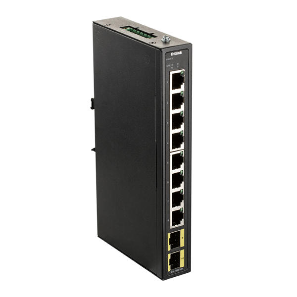 D-Link Промышленный неуправляемый коммутатор, 8x1000Base-T, 2x1000Base-X SFP, защита от статического электричества до 6 кВ, релейный выход для оповещения о сбое питания, -20..65°C, корпус металл IP40,