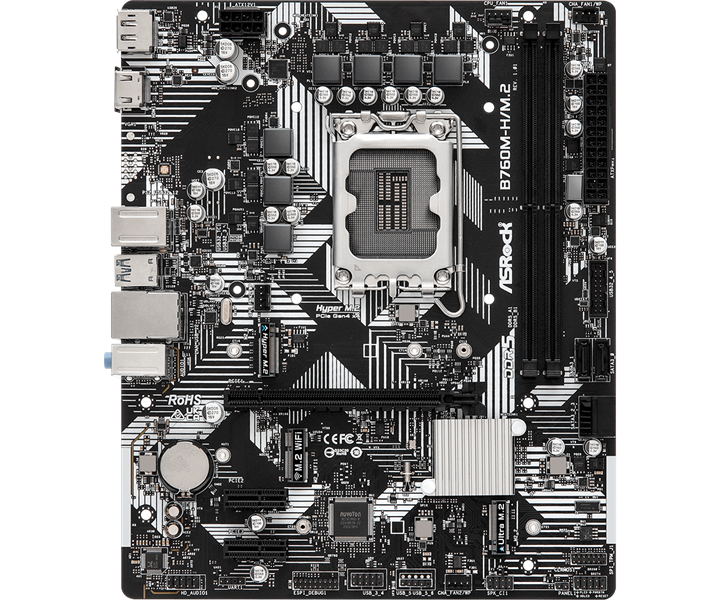 ASROCK B760M-H/M.2, LGA1700, B760, 2*DDR5, 4*SATA, 2*M.2, 3*USB 3.2, 2*USB 2.0, Type-C, 1*PCIx16, 2*PCIx1, 1xM.2 (Key E), HDMI+DP,mATX