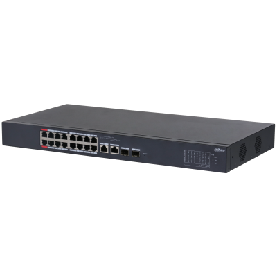 DAHUA 16-портовый PoE коммутатор с функцией облачного управления Порты: 16 RJ45 10/100Мбит/с (PoE/PoE+/Hi-PoE), 2 комбинированных SFP/RJ45 10/100/1000Мбит/с (uplink); мощность PoE: порты 1~2 до 90Вт,