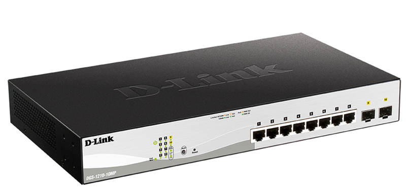 D-Link Управляемый L2 PoE-коммутатор, 8x1000Base-T PoE, 2x1000Base-X SFP, PoE-бюджет 130 Вт, защита от статического электричества до 6 кВ, CLI