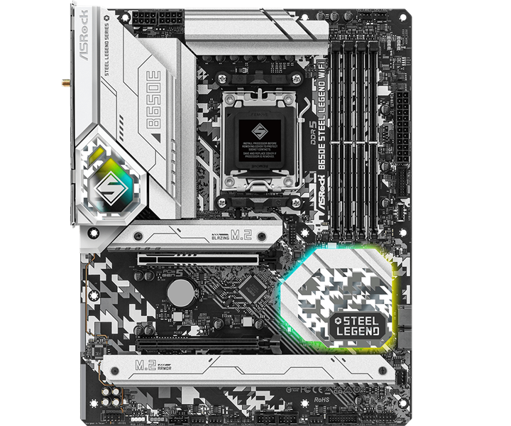 ASROCK B650E STEEL LEGEND WIFI, AM5, B650, 4*DDR5, 2*SATA, 3*M.2, 5*USB 3.2, 2*USB 2.0, Type-C, 2*PCIx16, 1*M.2 (Key E), HDMI+DP, ATX