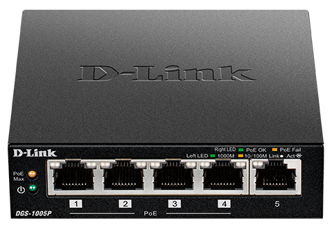 D-Link Неуправляемый PoE-коммутатор, 5x1000Base-T (4x1000Base-T PoE), PoE-бюджет 60 Вт, корпус металл