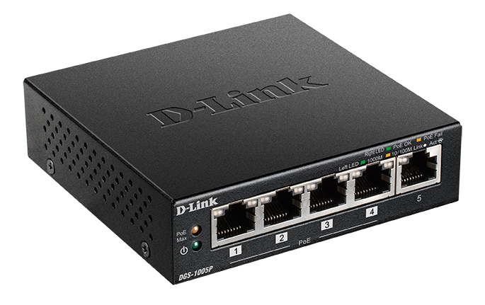 D-Link Неуправляемый PoE-коммутатор, 5x1000Base-T (4x1000Base-T PoE), PoE-бюджет 60 Вт, корпус металл
