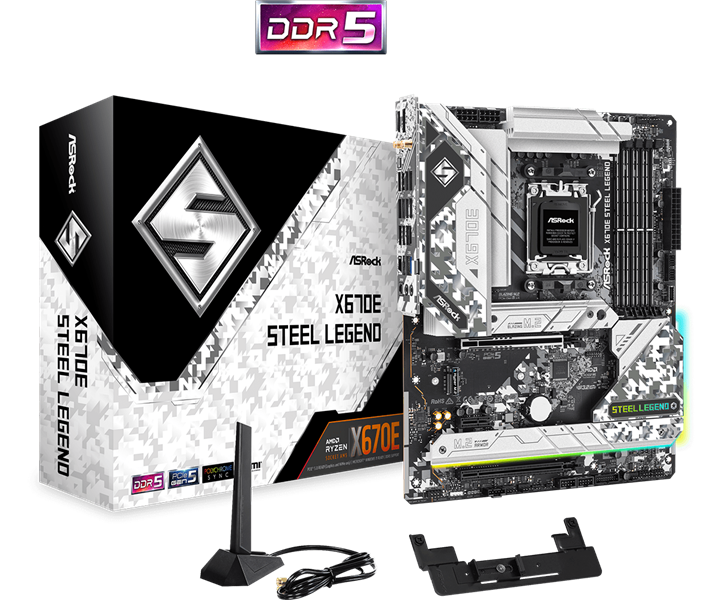 ASROCK X670E STEEL LEGEND, AM5, X670, 4*DDR5, 4*SATA, 4*M.2, 7*USB 3.2, 4*USB 2.0, Type-C, 2*PCIx16, 1*PCIx1, 1*M.2 (Key E), HDMI+DP, ATX