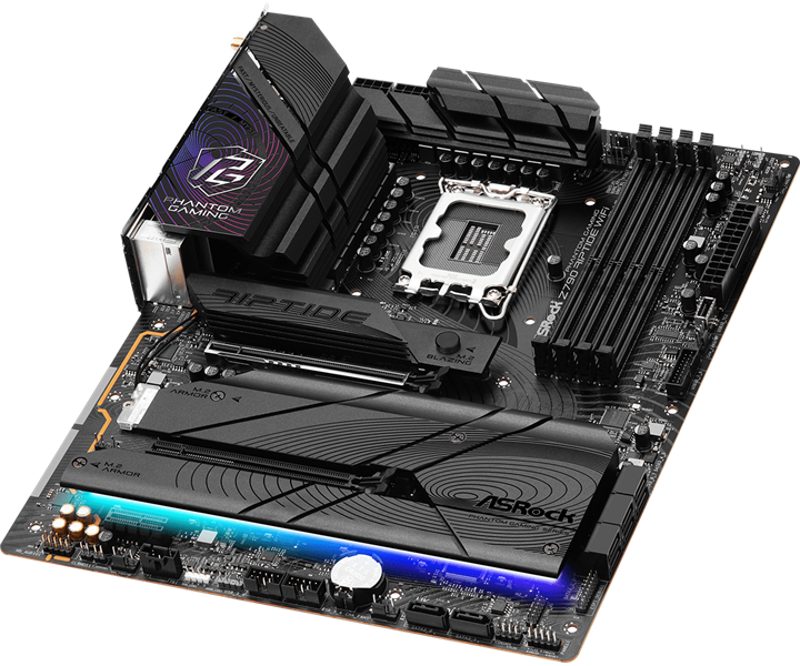 ASROCK Z790 RIPTIDE WIFI, LGA1700, Z790, 4*DDR5, 8*SATA, 5*M.2, 6*USB 3.2, 2*USB 2.0, Type-C, 2*PCIx16, 1*PCIx1, 1*M.2 (Key E), HDMI+DP, ATX