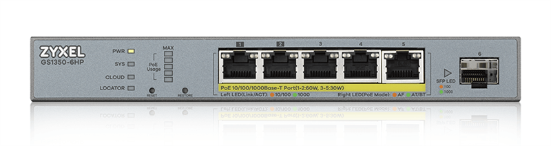 Smart L2 коммутатор PoE+ для IP-видеокамер Zyxel NebulaFlex Pro GS1350-6HP, 4xGE PoE+, 1xGE PoE++ (802.3bt), 1xSFP, бюджет PoE 60 Вт, питание до 250м, автоперезагрузка PoE-портов
