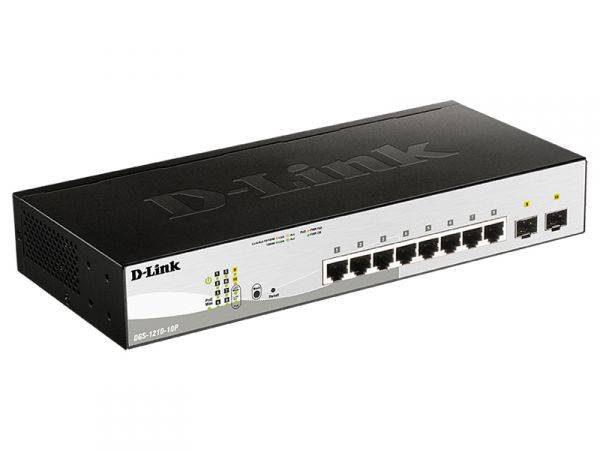 D-Link Управляемый L2 PoE-коммутатор, 8x1000Base-T PoE, 2x1000Base-X SFP, PoE-бюджет 65 Вт, защита от статического электричества до 6 кВ, CLI