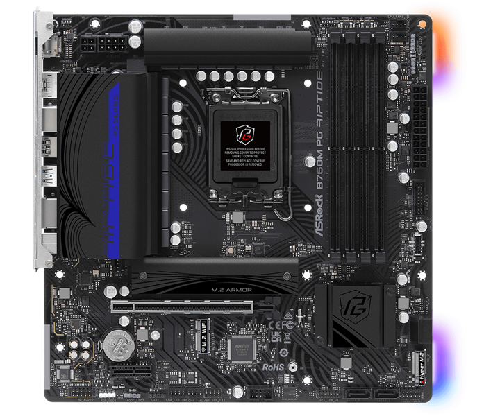ASROCK B760M PG RIPTIDE, LGA1700, B760, 4*DDR5, 4*SATA, 2*M.2, 3*USB 3.2, 4*USB 2.0, Type-C, 1*PCIx16, 1*PCIx1, 1xM.2 (Key E), HDMI+DP, mATX