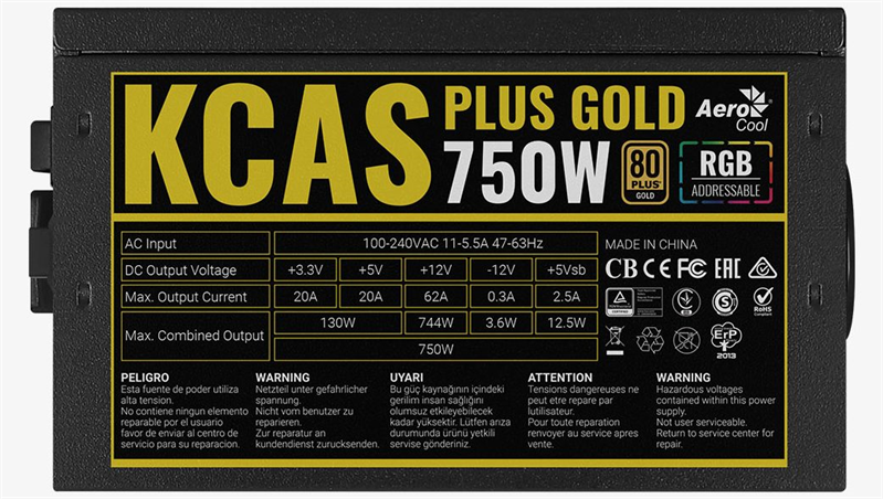 Aerocool KCAS PLUS GOLD 750W <750W, ATX v2.4, APFC, Fan ARGB 12cm, 80+ Gold, Retail>