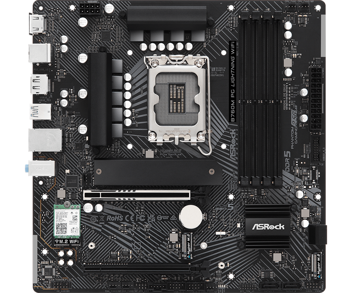ASROCK B760M PG LIGHTNING WIFI, LGA1700, B760, 4*DDR5, 4*SATA, 3*M.2, 3*USB 3.2, 2*USB 2.0, Type-C, 2*PCIx16, 1*M.2 (Key E) HDMI+DP, mATX