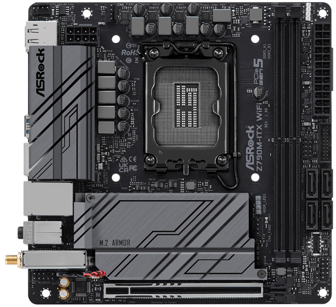 ASROCK Z790M-ITX WIFI, LGA1700, Z790, 2*DDR5, 4*SATA, 2*M.2, 4*USB 3.2, 1*USB 2.0, Type-C, 1*PCIx16, 1*M.2 (Key E), HDMI+DP, mITX