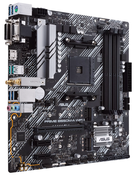 ASUS PRIME B550M-A WIFI II, AM4, B550, 4*DDR4, 4*SATA, 2*M.2, 6*USB 3.2, 2*PCIx16, 2*PCIx1, DVI-D+HDMI+D-Sub, mATX ; 90MB19X0-M0EAY0