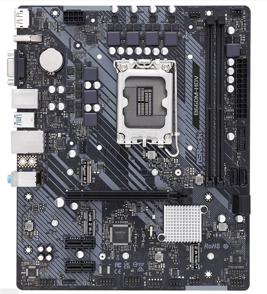 ASROCK B660M-HDV, LGA1700, B660, 2*DDR4, 4*SATA, 2*M.2, 3*USB 3.2, 2*USB 2.0, Type-C, 1*PCIx16, 2*PCIx1, 1xM.2 (Key E), D-Sub+HDMI+DP, mATX