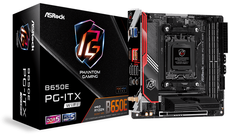 ASROCK B650E PG-ITX WIFI, AM5, B650, 2*DDR5, 2*SATA, 2*M.2, 3*USB 3.2, 4*USB 2.0, Type-C, 2*PCIx16, 1*M.2 (Key E), HDMI, mITX