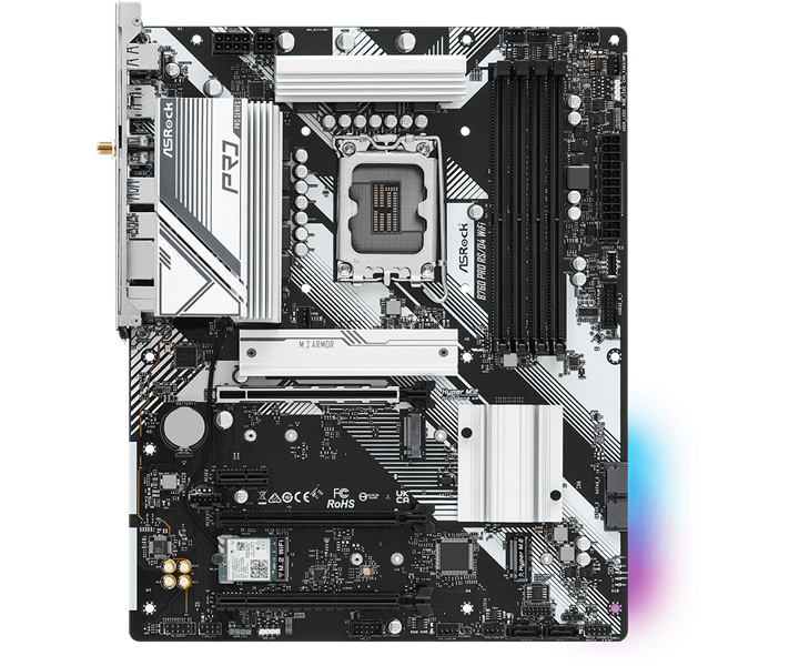 ASROCK B760 PRO RS/D4 WIFI, LGA1700, B760, 4*DDR4, 4*SATA, 3*M.2, 5*USB 3.2, 2*USB 2.0, Type-C, 3*PCIx16, 1*PCIx1, 1*M.2 (Key E), HDMI+DP, ATX