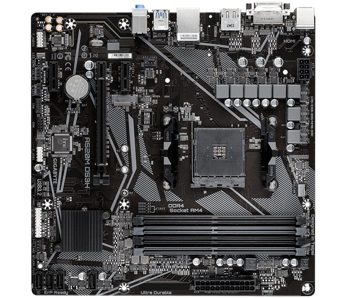 GIGABYTE A520M DS3H, AM4, A520, 4*DDR4, 4*SATA, 1*M.2, 4*USB 3.2, 2*USB 2.0, 1*PCIx16, 2*PCIx1, DP+HDMI+DVI-D, mATX
