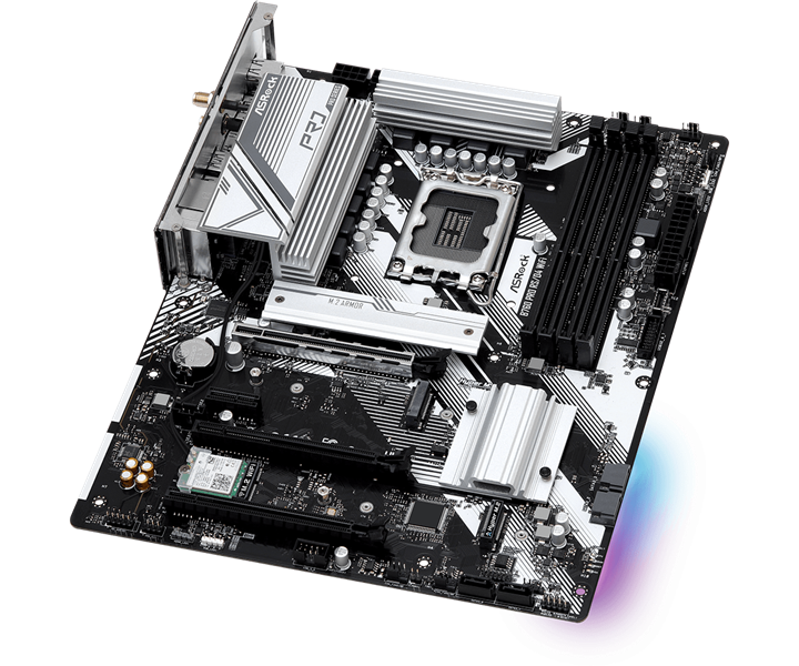 ASROCK B760 PRO RS/D4 WIFI, LGA1700, B760, 4*DDR4, 4*SATA, 3*M.2, 5*USB 3.2, 2*USB 2.0, Type-C, 3*PCIx16, 1*PCIx1, 1*M.2 (Key E), HDMI+DP, ATX