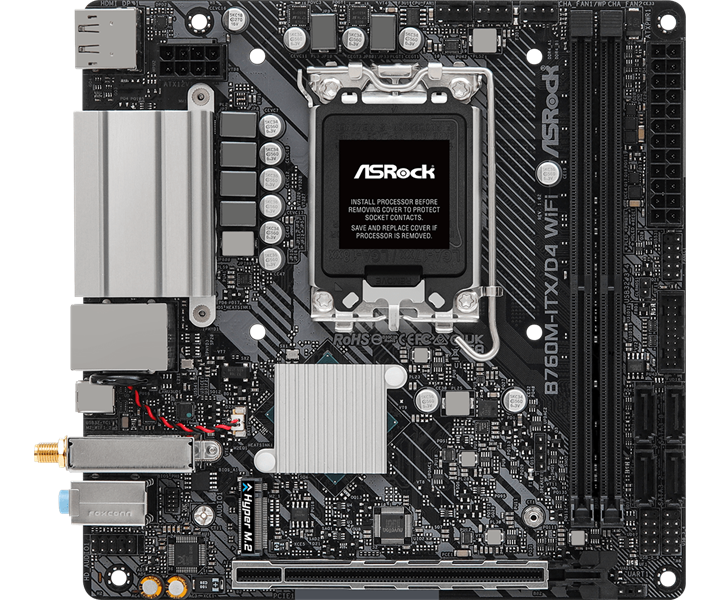 ASROCK B760M-ITX/D4 WIFI, LGA1700, B760, 2*DDR4, 4*SATA, 1*M.2, 2*USB 3.2, 2*USB 2.0, Type-C, 1*PCIx16, 1*M.2 (Key E), HDMI+DP, mITX