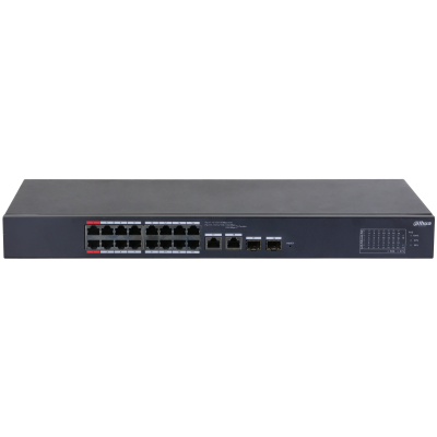 DAHUA 16-портовый PoE коммутатор с функцией облачного управления Порты: 16 RJ45 10/100Мбит/с (PoE/PoE+/Hi-PoE), 2 комбинированных SFP/RJ45 10/100/1000Мбит/с (uplink); мощность PoE: порты 1~2 до 90Вт,