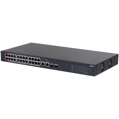 DAHUA 24-портовый PoE коммутатор с функцией облачного управления Порты: 24 RJ45 10/100Мбит/с (PoE/PoE+/Hi-PoE), 2 комбинированных SFP/RJ45 10/100/1000Мбит/с (uplink); мощность PoE: порты 1~2 до 90Вт,