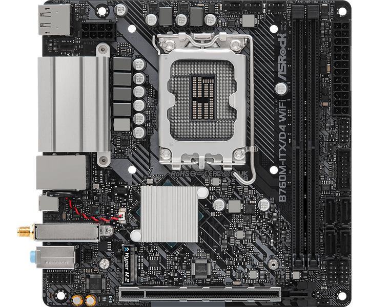 ASROCK B760M-ITX/D4 WIFI, LGA1700, B760, 2*DDR4, 4*SATA, 1*M.2, 2*USB 3.2, 2*USB 2.0, Type-C, 1*PCIx16, 1*M.2 (Key E), HDMI+DP, mITX