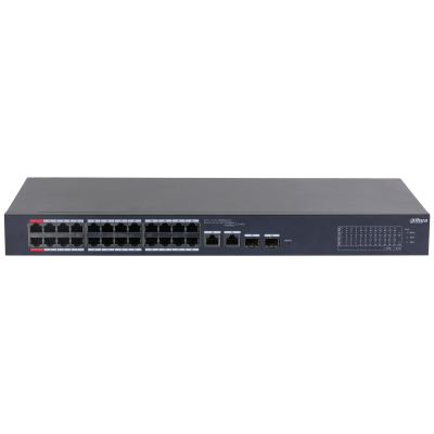 DAHUA 24-портовый PoE коммутатор с функцией облачного управления Порты: 24 RJ45 10/100Мбит/с (PoE/PoE+/Hi-PoE), 2 комбинированных SFP/RJ45 10/100/1000Мбит/с (uplink); мощность PoE: порты 1~2 до 90Вт,