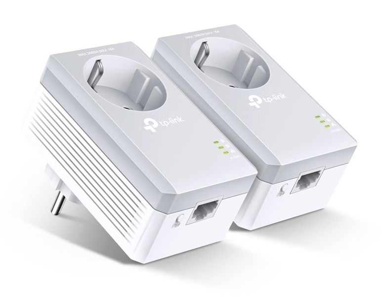 TP-Link TL-PA4010P KIT, AV600 Комплект адаптеров Powerline со встроенной розеткой 2 шт., Powerline до 600 Мбит/с, 1 порт 10/100 Мбит/с, встроенная розетка, подключение к настенной розетке