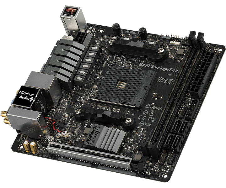 ASROCK B450 GAMING-ITX/AC, AM4, B450, 2*DDR4, 4*SATA, 1*M.2, 3*USB 3.1, 2*USB 2.0, Type-C, 3*PCIx16, 1*M.2 (Key E), HDMI+DP, mITX