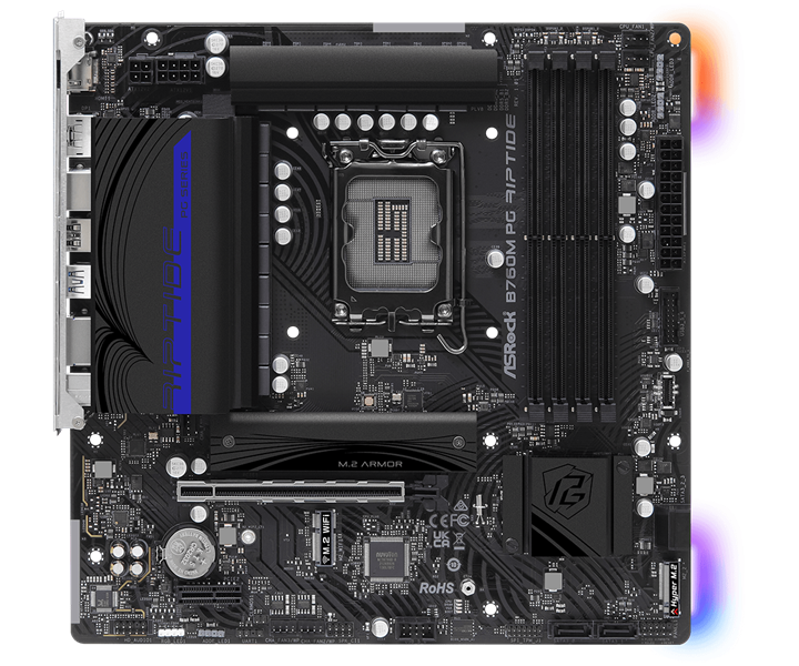 ASROCK B760M PG RIPTIDE, LGA1700, B760, 4*DDR5, 4*SATA, 2*M.2, 3*USB 3.2, 4*USB 2.0, Type-C, 1*PCIx16, 1*PCIx1, 1xM.2 (Key E), HDMI+DP, mATX