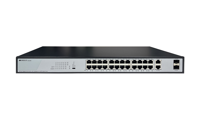 ORIGO Неуправляемый PoE-коммутатор, 26x1000Base-T (24x1000Base-T PoE), 2x1000Base-X SFP, PoE-бюджет 370 Вт, комплект для установки в 19" стойку
