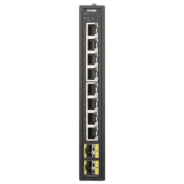 D-Link Промышленный неуправляемый коммутатор, 8x1000Base-T, 2x1000Base-X SFP, защита от статического электричества до 6 кВ, релейный выход для оповещения о сбое питания, -20..65°C, корпус металл IP40,