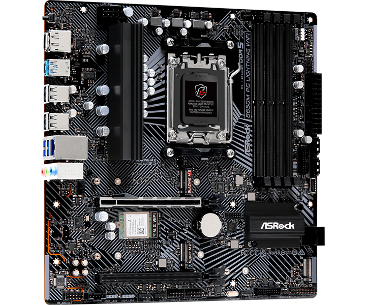 ASROCK B650M PG LIGHTNING WIFI, AM5, B650, 4*DDR5, 4*SATA, 3*M.2, 3*USB 3.2, 4*USB 2.0, Type-C, 2*PCIx16, 1*M.2 (Key E), HDMI+DP, mATX