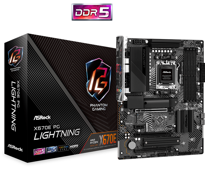 ASROCK X670E PG LIGHTNING, AM5, X670, 4*DDR5, 4*SATA, 4*M.2, 7*USB 3.2, 4*USB 2.0, Type-C, 3*PCIx16, 1*PCIx1, 1*M.2 (Key E), HDMI+DP, ATX
