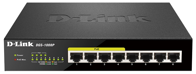 D-Link Неуправляемый PoE-коммутатор, 8x1000Base-T (4x1000Base-T PoE), PoE-бюджет 80 Вт, корпус металл