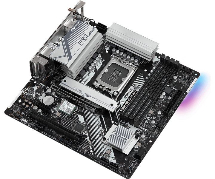 ASROCK B760M PRO RS/D4 WIFI, LGA1700, B760, 4*DDR4, 4*SATA, 2*M.2, 3*USB 3.2, 2*USB 2.0, Type-C, 2*PCIx16, 1*PCIx1, 1*M.2 (Key E), HDMI+DP, mATX