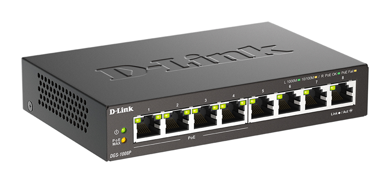 D-Link Неуправляемый PoE-коммутатор, 8x1000Base-T (4x1000Base-T PoE), PoE-бюджет 80 Вт, корпус металл