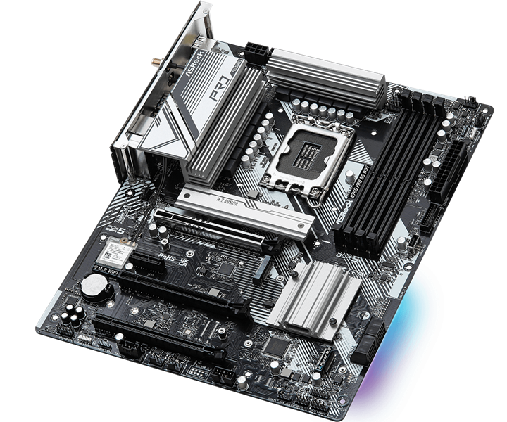 ASROCK B760 PRO RS WIFI, LGA1700, B760, 4*DDR5, 4*SATA, 3*M.2, 5*USB 3.2, 2*USB 2.0, Type-C, 3*PCIx16, 1*PCIx1, 1*M.2 (Key E), HDMI+DP, ATX