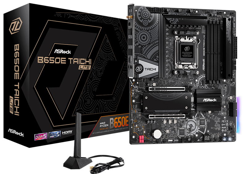 ASROCK B650E TAICHI LITE, AM5, B650, 4*DDR5, 4*SATA, 3*M.2, 11*USB 3.2, Type-C,1*PCIx16, 1*PCIx1, 1*M.2 (Key E), HDMI, ATX