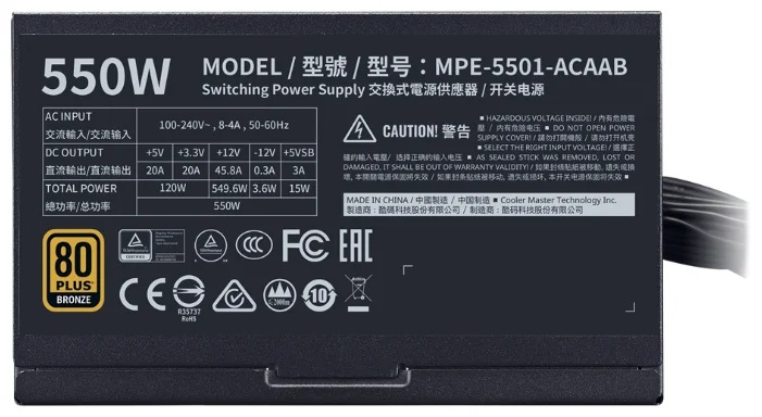 Cooler Master MWE Bronze, 550W, ATX, 120mm, 6xSATA, 2xPCI-E(6+2), APFC, 80+ Bronze
