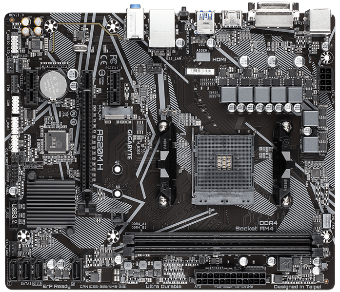 GIGABYTE A520M H, AM4, A520, 2*DDR4, 4*SATA, 1*M.2, 4*USB 3.2, 2*USB 2.0, 1*PCIx16, 2*PCIx1, DVI-D+HDMI, mATX