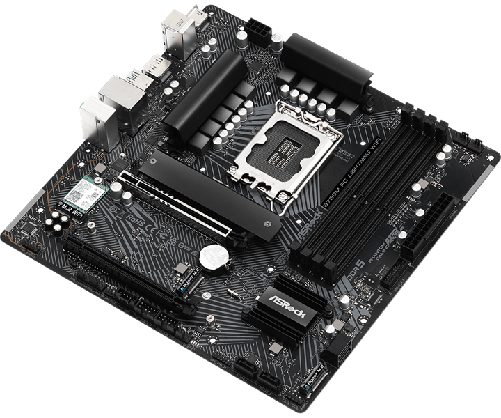 ASROCK B760M PG LIGHTNING WIFI, LGA1700, B760, 4*DDR5, 4*SATA, 3*M.2, 3*USB 3.2, 2*USB 2.0, Type-C, 2*PCIx16, 1*M.2 (Key E) HDMI+DP, mATX